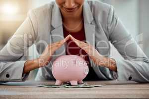 Investment growth, money saving and financial career planning with a piggybank on cash. Corporate business woman worker make a finance budget to buy a family home, apartment or real estate property