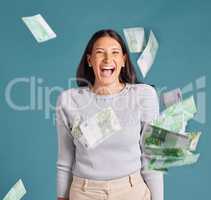 Money, cash and bonus success of a woman with wealth, business growth and financial increase looking happy and excited. Portrait of a businesswoman winning or spending her savings, profit or interest
