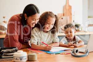 Mother teaching, learning and education with child studying, doing homework or writing in book during an at home lesson or homeschooling. Daughter in early childhood development enjoying fun activity