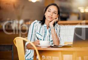 Thinking, wondering and planning woman having a coffee while working remotely on laptop at cafe. Freelance female writer daydreaming, thinking about a career change during tea break at a coffee shop