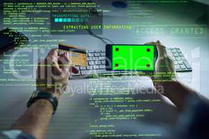 Hacking credit card with phone, green screen chromakey markers or copy space and sci fi graphic data. Cyberpunk, information technology or software hacker man stealing online or phishing with malware