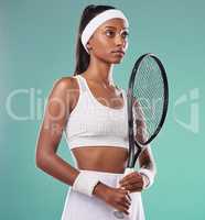 Sports woman, tennis and athlete in sportswear holding racket. Active, player and champion looking ready to play match or tournament. Concentration and focus before a game with copy space background