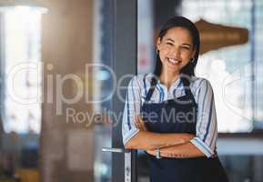 Cafe or coffee shop barista, entrepreneur and female small business owner of successful modern startup or restaurant. Happy, positive and empowered woman leader with welcoming door open for business