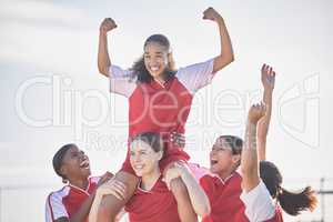 Win, celebrate and excited women soccer team happy about winning a football match or goal. Success, achievement and sport teamwork collaboration of winner sports women with community support mindset