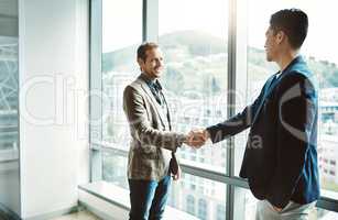 Looking forward in seeing you soon. two confident businessmen shaking hands in agreement while standing inside the office during the day.