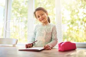 I love coloring books. Portrait of a focused little girl drawing pictures in a book while looking at the camera at home.