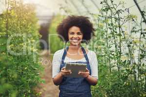 Im managing my farm the smart way. Cropped portrait of an attractive young female farmer using a tablet while checking her crops.