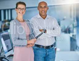 Business partners, diverse leadership and successful recruitment team posing in office. Male and female HR managers and interviewers offering employment, saying we are hiring.