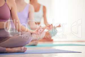 Meditation, yoga and a mindful group of women hands doing lotus pose exercise and meditating on mat in studio class. Group of spiritual, calm and fit yogi females practicing inner healing and peace