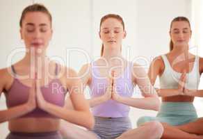Yoga, meditation and healthy women in calm, peaceful and relaxed exercise, meditating in a studio. Spiritual and fit group of woman on a mat practicing inner healing, peace and namaste gesture.