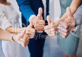 Closeup thumbs up, hand or sign for success, support or trust. Diverse group or team of business men, women or colleagues showing thumb as thank you or approval to idea plan, strategy or good news