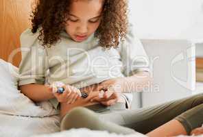 Diabetes, insulin and diabetic girl injecting treatment in her bedroom as a health morning routine at home. Medicine, house and testing to monitor blood sugar levels, wellness and medical healthcare