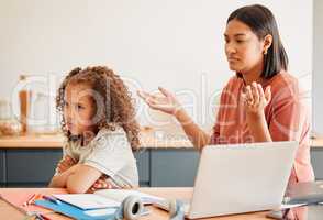 Confused parent teaching upset daughter, home school angry or sad child online class work. Mother doesnt understand rude little girl with depression, anxiety or education learning disability.