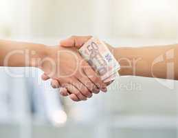Money exchange, deal or trade handshake of hands giving cash to a banker of a financial advisor. Hand with finance growth, investment profit or accounting savings fund of a b2b business partnership