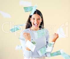 . Celebrating money, finance and investment growth or savings, wealth or budget development. Portrait of excited, cheering female millionaire with floating bank cash and currency after lottery win.