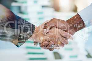 Partnership, teamwork and collaboration handshake by business men meeting or greeting, support goal or vision. Ambitious digital entrepreneurs unity on mission for global networking or small business