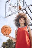Serious basketball player, fitness and sports training woman after health, wellness and motivation workout portrait. Below view of girl on court, relax after game or exercise with hoop in background