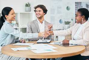 Happy business people do handshake in agreement, congratulate and teamwork in office meeting after successful partnership deal with colleague clapping. Happy, about the promotion for startup company