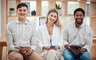 Business team community, collaboration and happy office workers with digital devices ready to work. Portrait of staff group diversity while working on a digital marketing teamwork project together