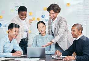 Teamwork, innovation and planning business people with a laptop looking at work presentation in group discussion meeting or sharing idea. Businessman and woman working with good sales marketing seo