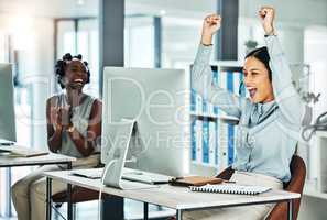 Excited, celebrating and working customer service agent happy about job success and promotion. Call centre web help, support and helpdesk worker with headset celebrate a career win or big bonus