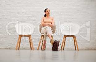 Hiring, recruitment and job interview woman waiting for employment, thinking about future career or idea for business development. Corporate professional sitting in line for new opportunity