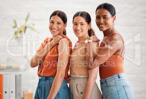 Band aid, vaccine and injection for covid, flu or pandemic virus to protect from disease, sickness or illness. Portrait of diverse creative business women group showing, endorsing or supporting cure