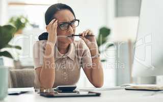 Confused, stress and frustrated worried financial planner, accountant upset and worried budget at work with a computer, notebook and plan form. Anxious female with finance, money problems and issue