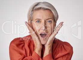 Shocked, surprised and old face of a beautiful senior woman with a wow facial expression. Portrait of an old and elderly female in shock about a retail sale deal, secret or good news or announcement