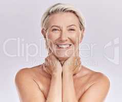Skincare, bodycare and face of a mature woman with wrinkles and anti aging beauty hygiene routine. Portrait of happy senior lady with a healthy, wellness and self care lifestyle in a studio.