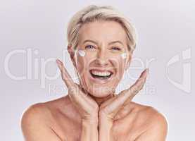 Skincare, happy and senior woman with smile in health, beauty and face in a studio background. Portrait of a mature female model in healthy wellness for skin care, cream or sunscreen.