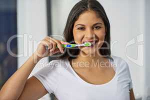 Make it a good habit, brush twice a day. an attractive young woman getting ready in her bathroom.