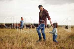 Sustainable farming family, cows on agriculture farm with rustic, countryside or nature grass background. Farmer mother, dad and kids with cattle or livestock animals for dairy, beef or meat industry
