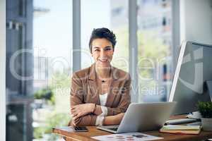 Its time to turn the spotlight on my success story. Portrait of a businesswoman working on a laptop in an office.