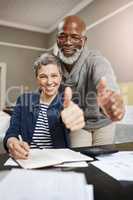 Our savings are sorted. Portrait of a senior couple giving you the thumbs up while working on their finances at home.