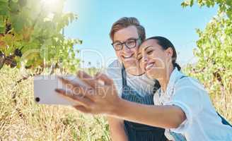 Wine farm, couple or phone selfie of fruit agriculture farmers, vineyard workers or sustainability countryside people. Smile, happy or interracial man and woman on environment or nature farming field