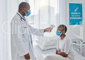 Doctor checking temperature of covid patient while testing for high fever symptoms of sick, flu or illness. Screening woman for a healthcare consult, checkup and visit in a hospital or medical clinic