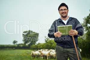 Farmers need some technology too. Portrait of a cheerful young farmer standing with a digital tablet and cane while a flock of sheep grazes in the background.