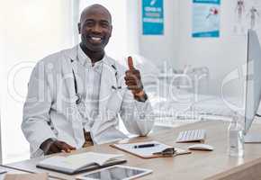 Doctor with thumbs up, success and trust hand sign or emoji for good healthcare, medical breakthrough or positive results. Happy portrait of health professional with like, thank you or ok finger icon