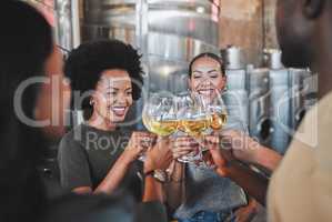 Celebration, wine glasses and friends toasting champagne on luxury getaway, wine tasting cuisine or celebrating success. Business people cheers or drinking vintage in winemaking business or industry