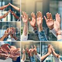 Raise your hand if youre in the best team ever. Composite shot of a group of unrecognizable people putting up their hands and using different types of gestures inside of a office.