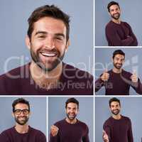 Confidence is key wherever you go. Composite shot of a young man expressing different types of facial expressions inside of a studio.
