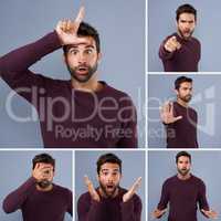 Its great to be silly sometimes. Composite shot of a young man expressing different types of facial expressions inside of a studio.