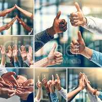 Positivity in a team makes a great team. Composite shot of a group of unrecognizable people putting up their hands and using different types of gestures inside of a office.