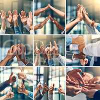 Teamwork brings one closer to success. Composite shot of a group of unrecognizable people putting up their hands and using different types of gestures inside of a office.