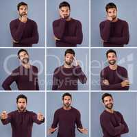 Hes personality is very versatile. Composite shot of a young man expressing different types of facial expressions inside of a studio.
