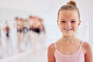 Little ballerina girl learning ballet dancing, art form and hobby in dance studio. Portrait of cute young child, smile dancer and happy kid excited for classical performance lesson, training and fun