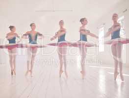 Ballet dancers, fitness and women training, learning and dancing at an open studio hall space. Healthy, workout and talented ballerina girls with energy, jumping and balance to master a creative art