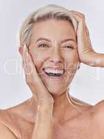 Skincare, wrinkles and face of old woman or model in beauty, cosmetics or flawless skin portrait isolated on studio background. Big smile senior lady posing with anti aging skin care wellness routine