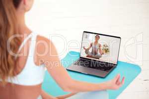 Yoga, meditation and wellness woman watching coach, teacher or professional health and exercise education video or live stream. Girl training and learning how to relax via online classes on a laptop